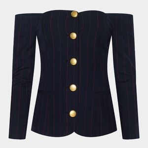 L'AGENCE Off-Shoulder Navy Blazer with Gold Buttons
